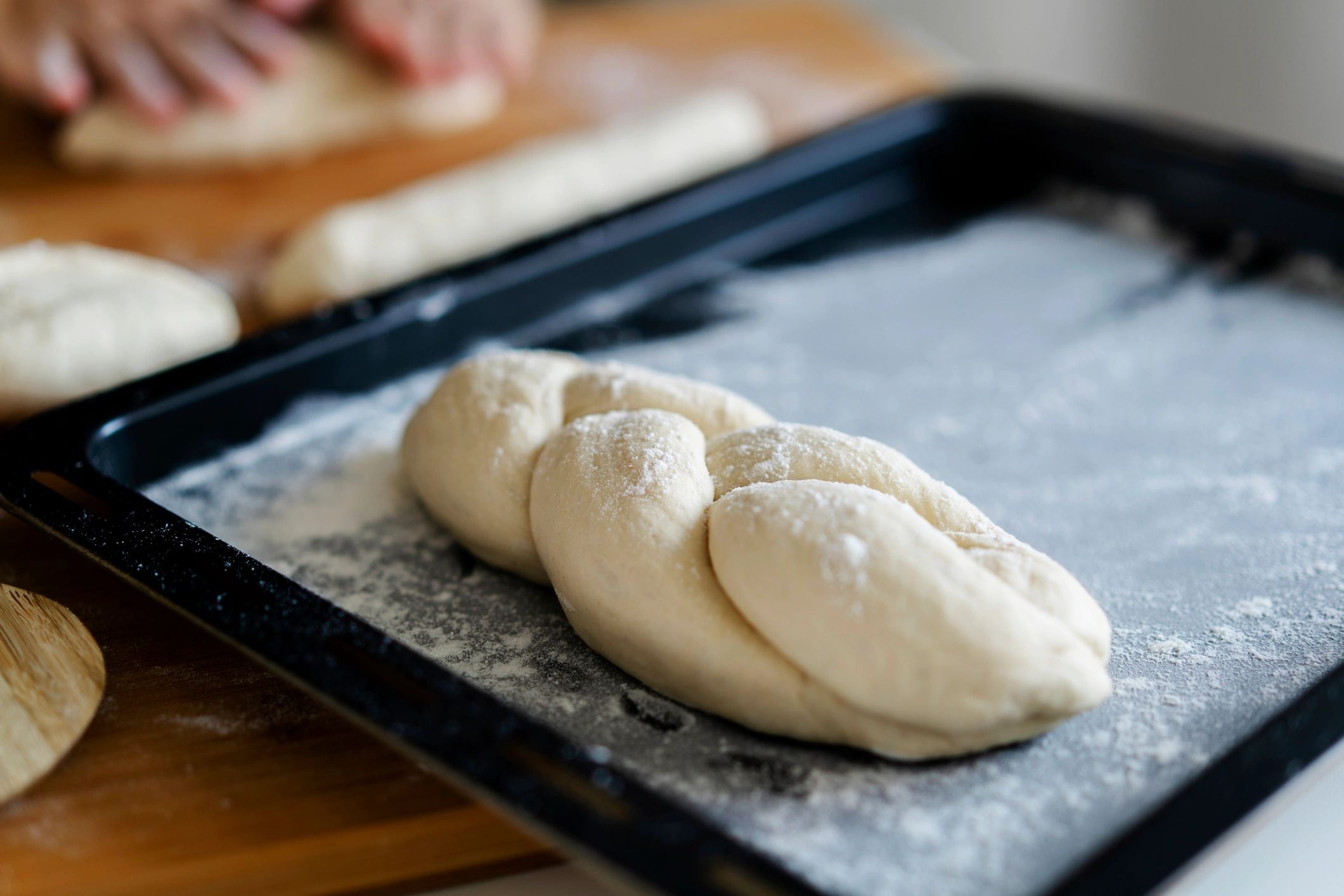 Freshly baked braided challah loaf